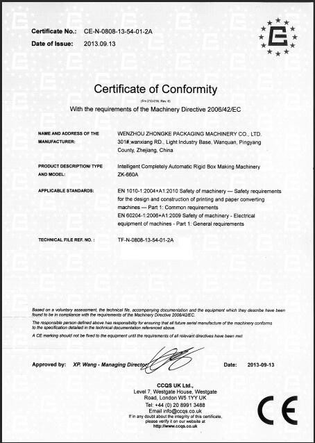 Porcellana Wenzhou Zhongke Packaging Machinery Co., Ltd. Certificazioni